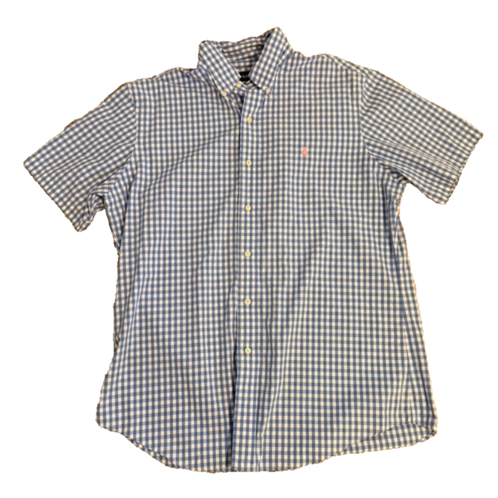 Ralph Lauren Men’s Large Blue White Gingham Check Short Sleeve Button Down Shirt
